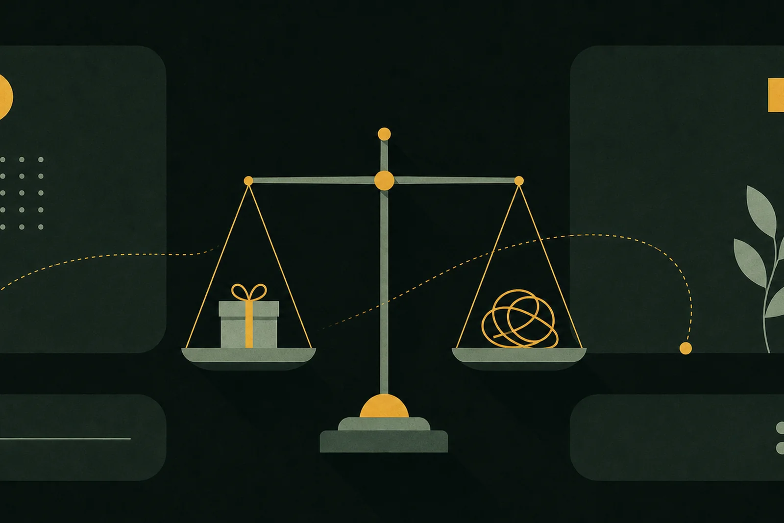 A casino bonus weighed against its wagering requirement — CKBD Guide Illustration: a balance scale holding a gift box on one pan and a looping arrow on the other, linked by dotted paths