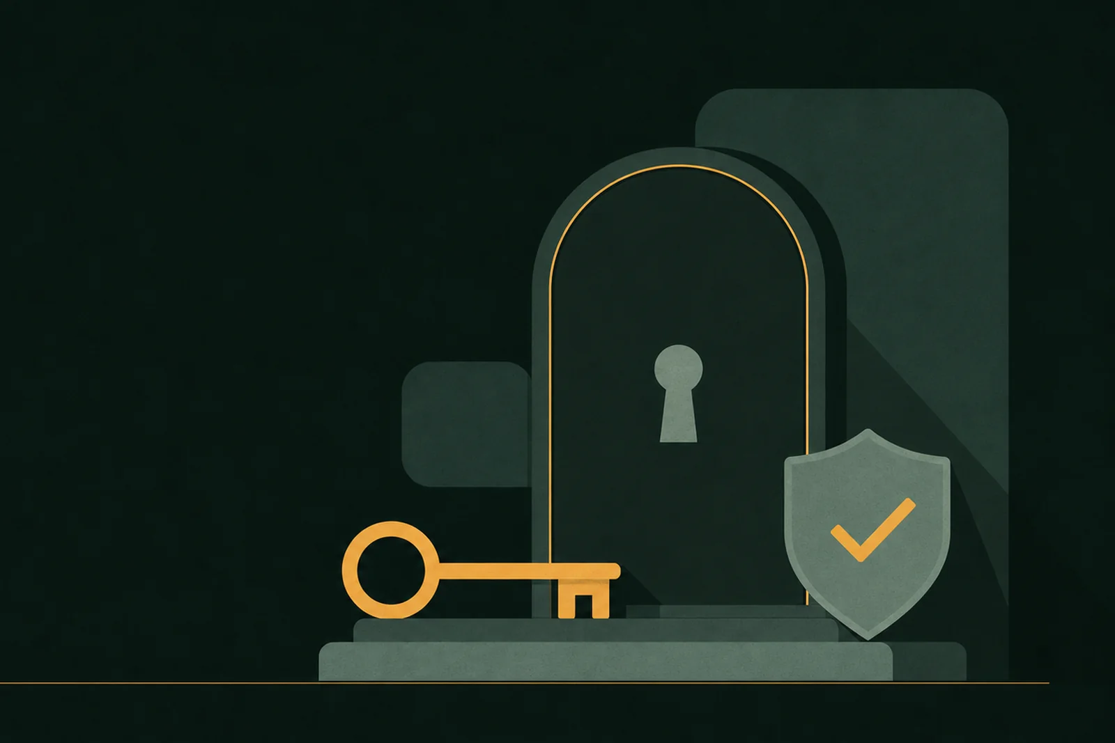 Verifying an online casino operator — CKBD Guide Illustration: a doorway with a keyhole, a golden key and a shield carrying a checkmark